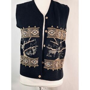 Sharon Young Sportswear Safari Animal Knit Vest‎ Black Peacock Zebra Giraffe Vtg